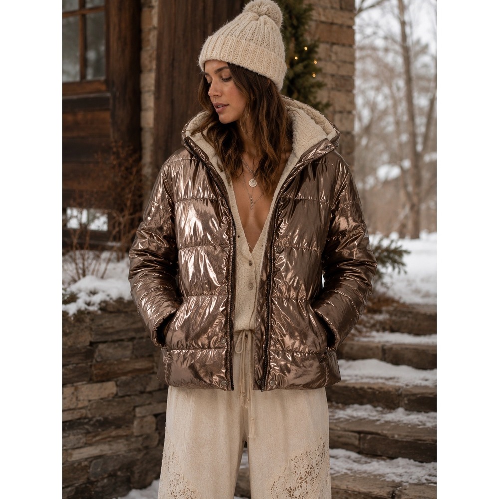 Offline by Aerie Bronze Gold Metallic Sherpa Lined Puffer Jacket Hooded Medium